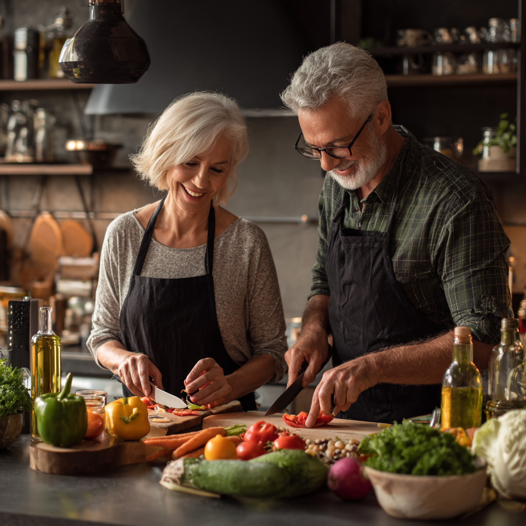 Middle-aged adults preparing healthy meal following structured nutrition plan